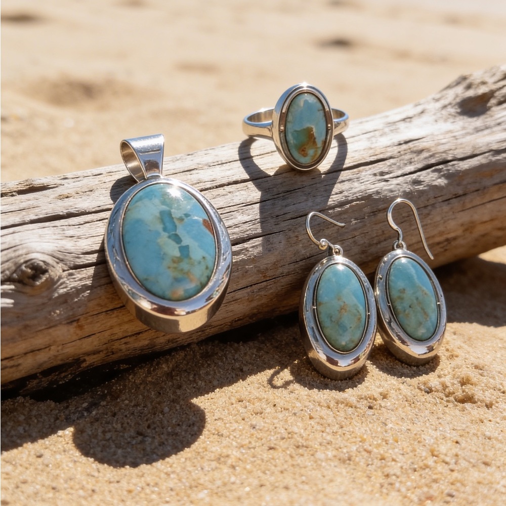 Sterling Silver reversible Turquoise and Lapis Jewelry Set - Picture 2 of 7
